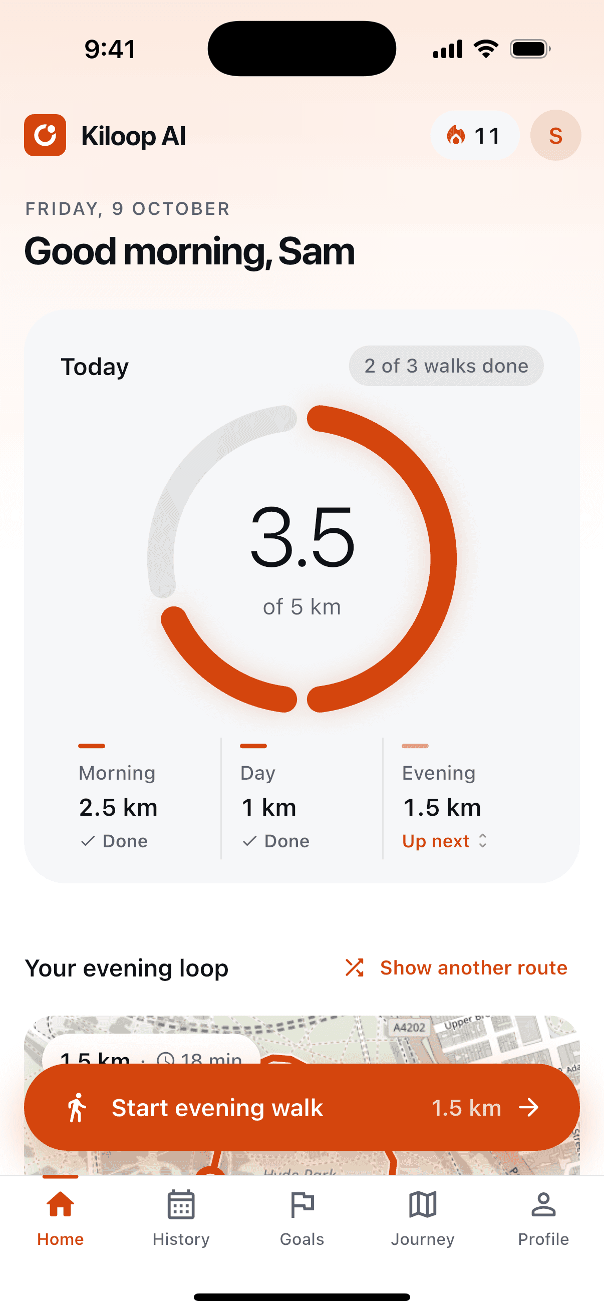 Kiloop home screen: today's progress ring and walks